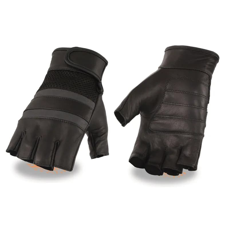 Men's Black Leather Mesh Gel Palm Fingerless Reflective Motorcycle Gloves — image 1 of 1