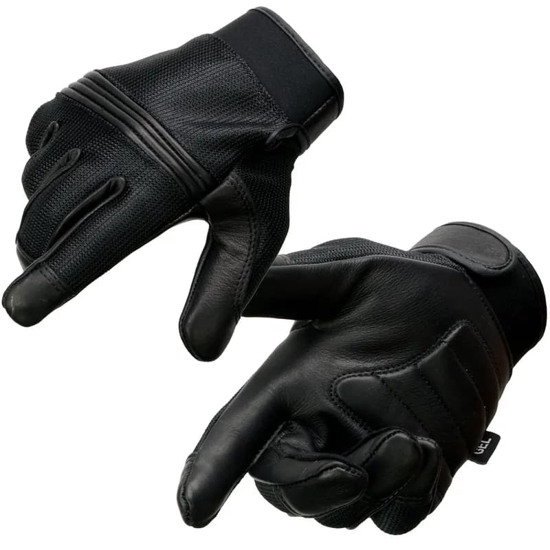 Men's Black Leather Mesh Gel Palm Motorcycle Hand Gloves W/ Rubberized Flex Knuckles — image 1 of 1