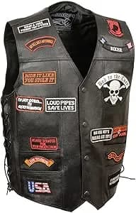 Men's Black Leather Pre-Patched Bikers Vest w/ 6 Pockets - 23 Patches and Side Laces — image 1 of 1