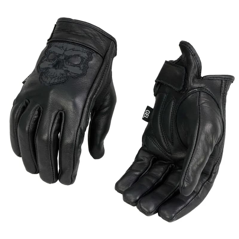 Men's Black Leather ‘Reflective Skull’ Motorcycle Hand Gloves W/Gel Padded Palm — image 1 of 1