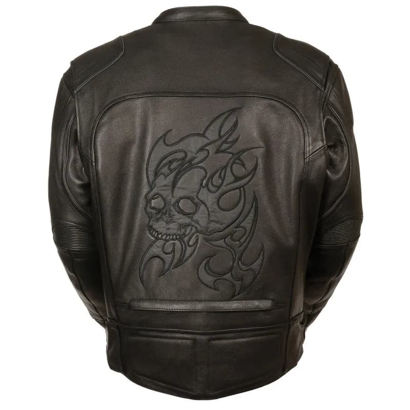 Men's Black Leather Scooter Jacket with Reflective Skull — image 1 of 1