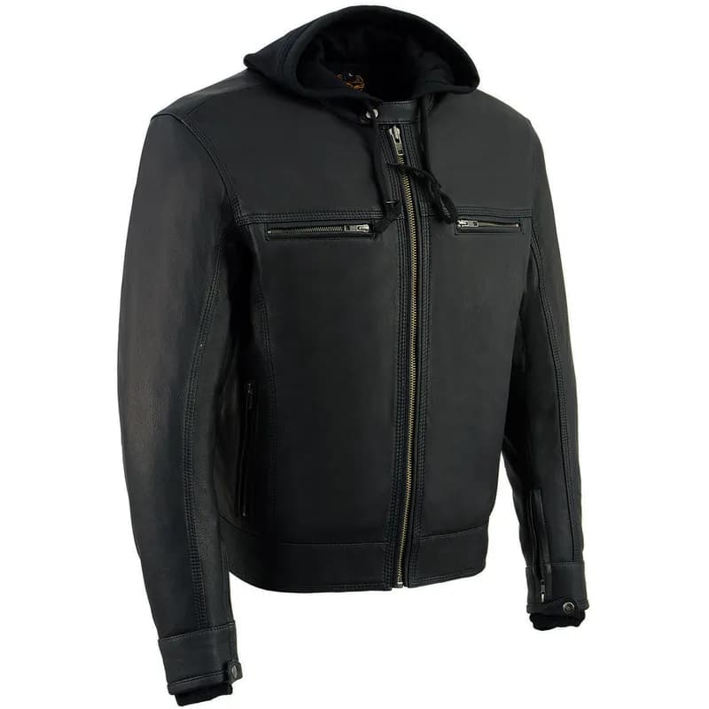 Men's Black Leather ‘Utility Pocket’ Vented Scooter Style Motorcycle Jacket w/ Hoodie — image 1 of 1