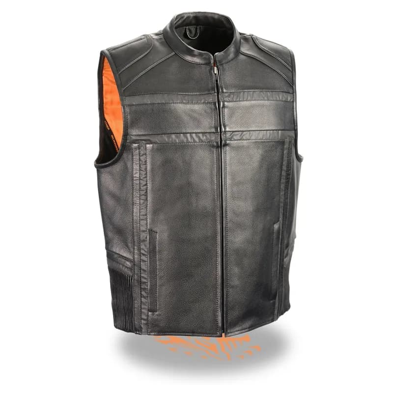 Men's Black Leather Vest - Reflective Piping Elasticized Waist Open Neck Motorcycle — image 1 of 1