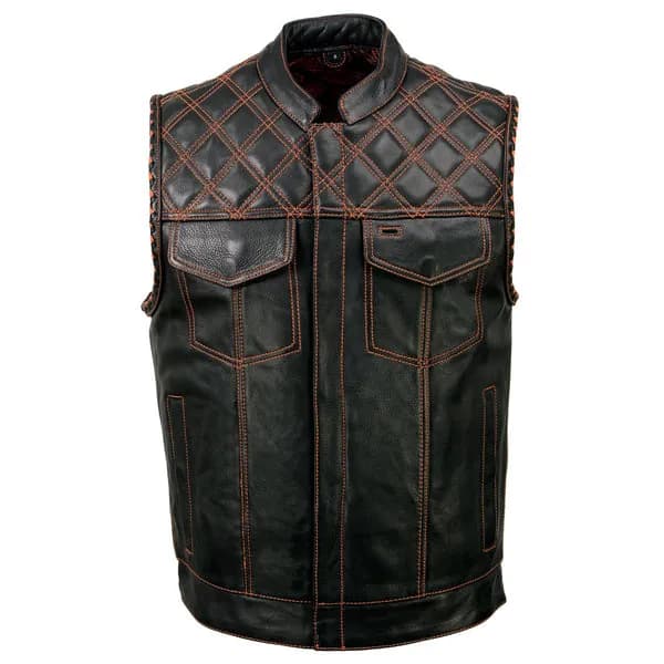 Men's Black 'Paisley' Accented w/ Orange Stitching Leather Vest – / Armhole Trim — image 1 of 1