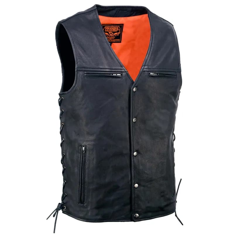 Men's Black Premium Leather Classic V-Neck Side Lace Motorcycle Rider Vest — image 1 of 1