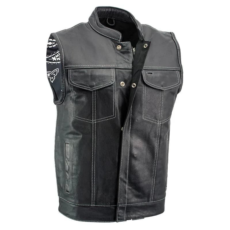 Men's Black Premium Leather Motorcycle Biker Rider Vest w/ White Stitching and — image 1 of 1