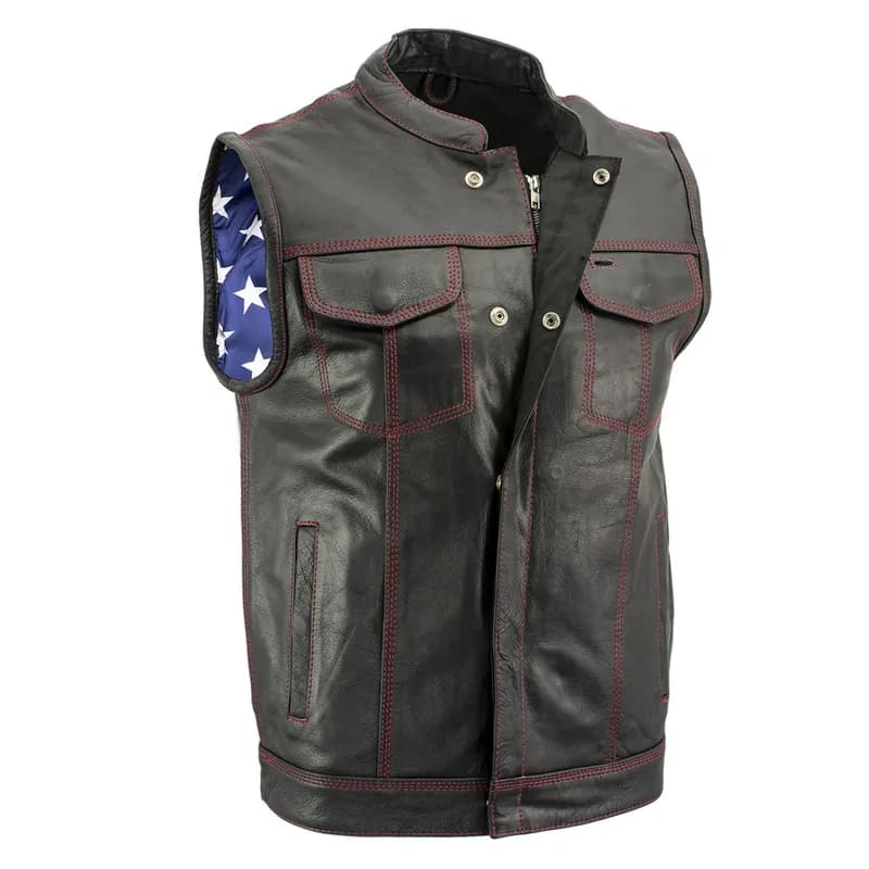 Men's Black Premium Leather Motorcycle Rider Vest w/ Red Stitching and USA Inside — image 1 of 1