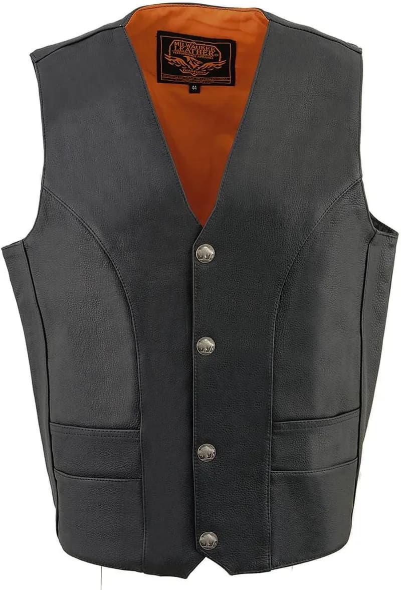 Men's Black Premium Leather V-Neck Motorcycle Rider Vest w/ Buffalo Nickel Snaps — image 1 of 1