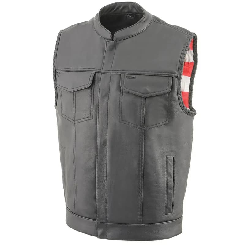 Men's Black Premium Leather Vest - Old Glory Laced Armholes Black Stitching Club — image 1 of 1