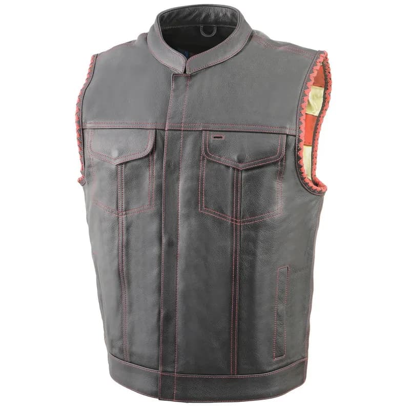 Men's Black Premium Leather Vest - Old Glory Laced Armholes Red Stitching Club Style — image 1 of 1