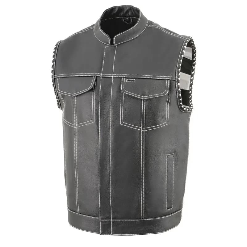 Men's Black Premium Leather Vest - Old Glory Laced Armholes White Stitching Club — image 1 of 1