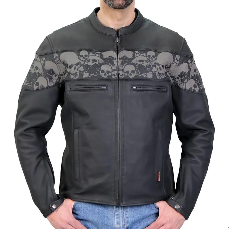 Men’s Black ‘Reflective Skull' Printed Leather Jacket with Concealed Carry Pockets — image 1 of 1