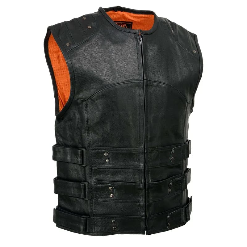 Men's Black Swat Tactical Style Leather Vest Club Patch Accessible Single Panel Back — image 1 of 1