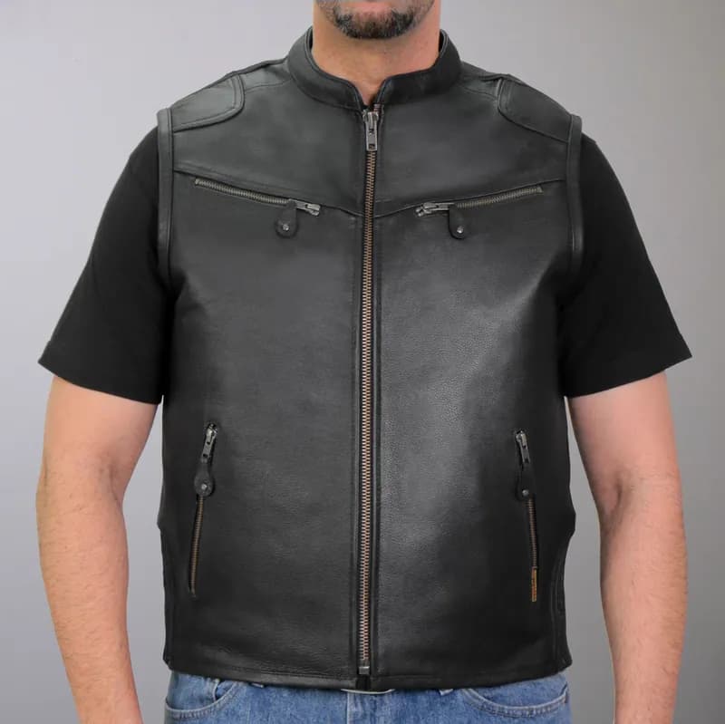 Men's Black 'Zipper Pockets' Concealed and Carry Leather Vest — image 1 of 1