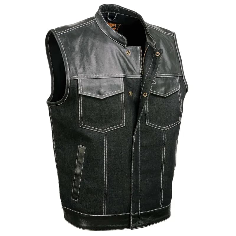 Men's 'Brute' Black Denim and Black Leather Club Style Vest w/ Hidden Dual Closure — image 1 of 1