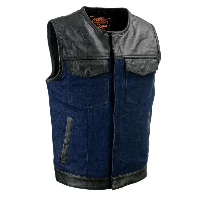 Men's Brute Dual Closure Blue Denim and Black Leather Club Style Vest — image 1 of 1