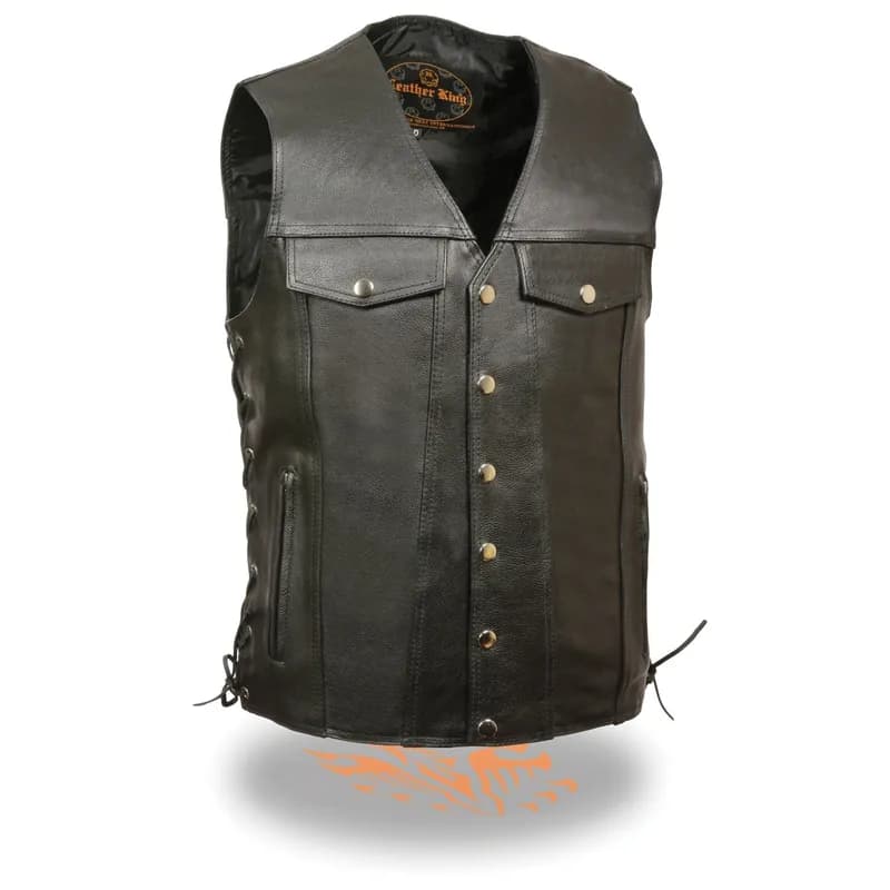 Men's Classic Black Leather V-Neck Motorcycle Rider Vest w/ Adjustable Side Laces — image 1 of 1