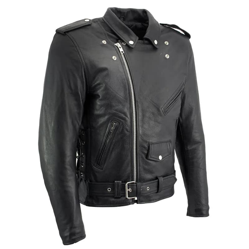 Men's Classic Side Laced Black Motorcycle Premium Leather Jacket with CE Armor — image 1 of 1