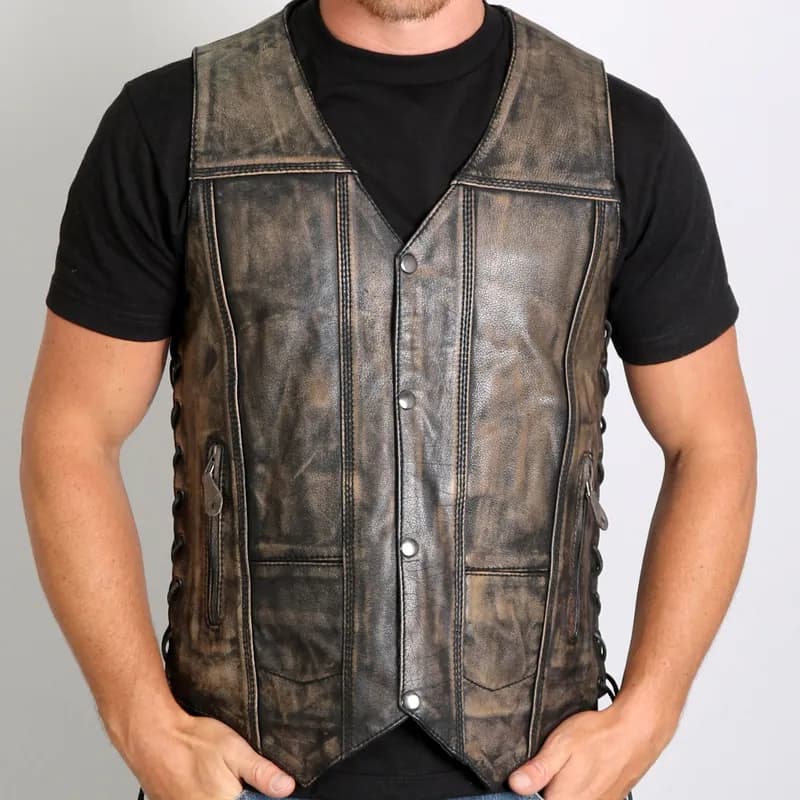 Men's Distressed Brown 10 Pocket 'Conceal and Carry' Leather Vest — image 1 of 1