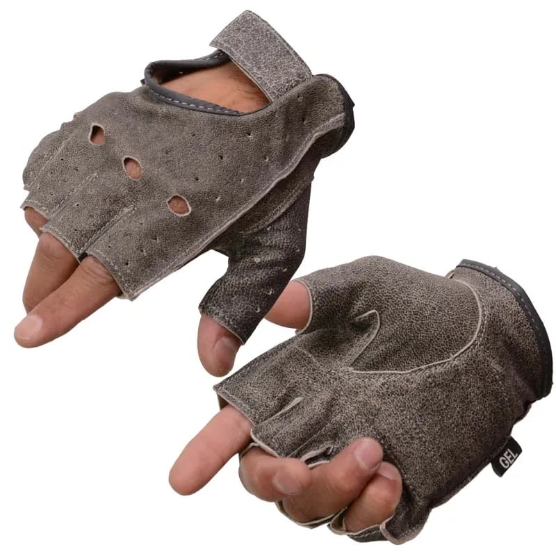 Men's Grey Leather Gel Padded Palm Fingerless Motorcycle Hand Gloves W/ Breathable — image 1 of 1