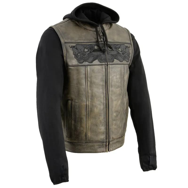 Men's Leather Vest w/ Removeable Hoodie- Distress Brown Reflective Skulls Motorcycle — image 1 of 1