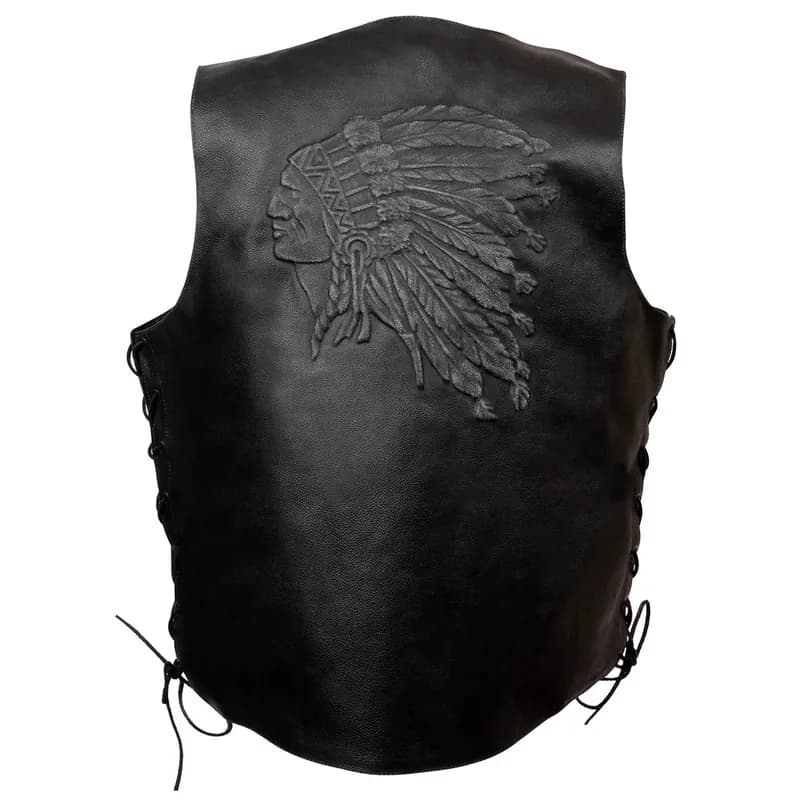 Men's Motorcycle Riders Black Leather Vest with Embossed Native American Head — image 1 of 1