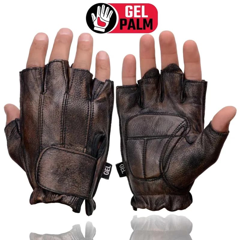 Men's Premium Brown Leather Gel Padded Palm Fingerless Motorcycle Hand Gloves — image 1 of 1