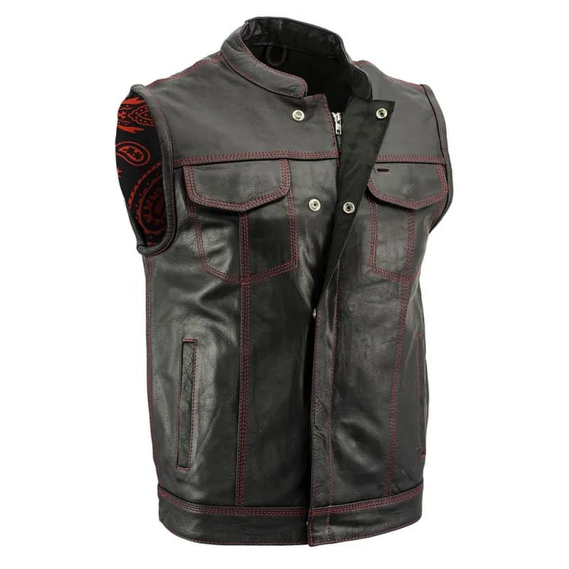 Men's Redline Ledger Club‑Style Motorcycle Premium Leather Vest w/ Red Stitching — image 1 of 1