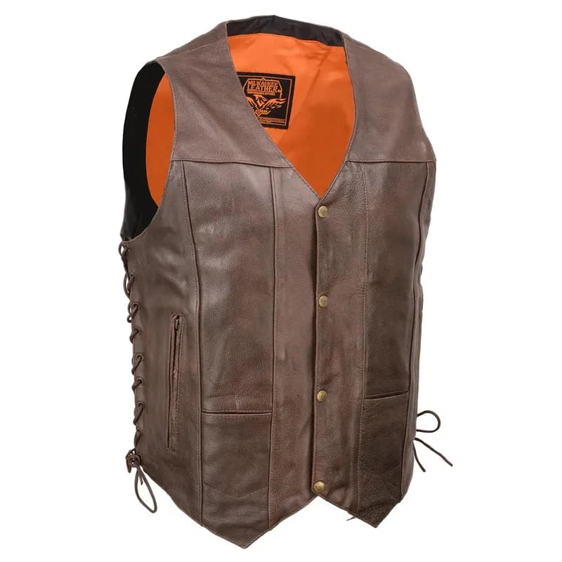 Men's Retro Brown Leather Vest- 10 Pockets Side Lace 4-Snap V-Neck Motorcycle Rider — image 1 of 1