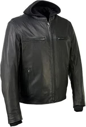 Men's 'Scoundrel' Black Leather Fashion Motorcycle Riding Jacket w/ Removable Hoodie — image 1 of 1
