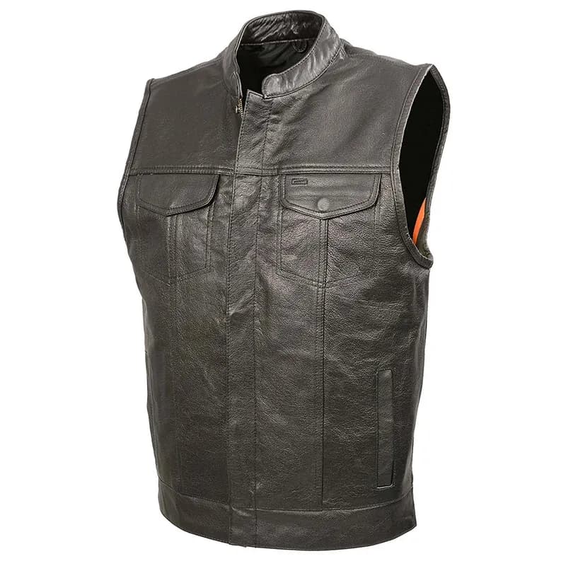 Men’s SOA Black Premium Buffalo Leather Club Style Motorcycle Rider Vest with Patch Access BZ6010 — image 1 of 1