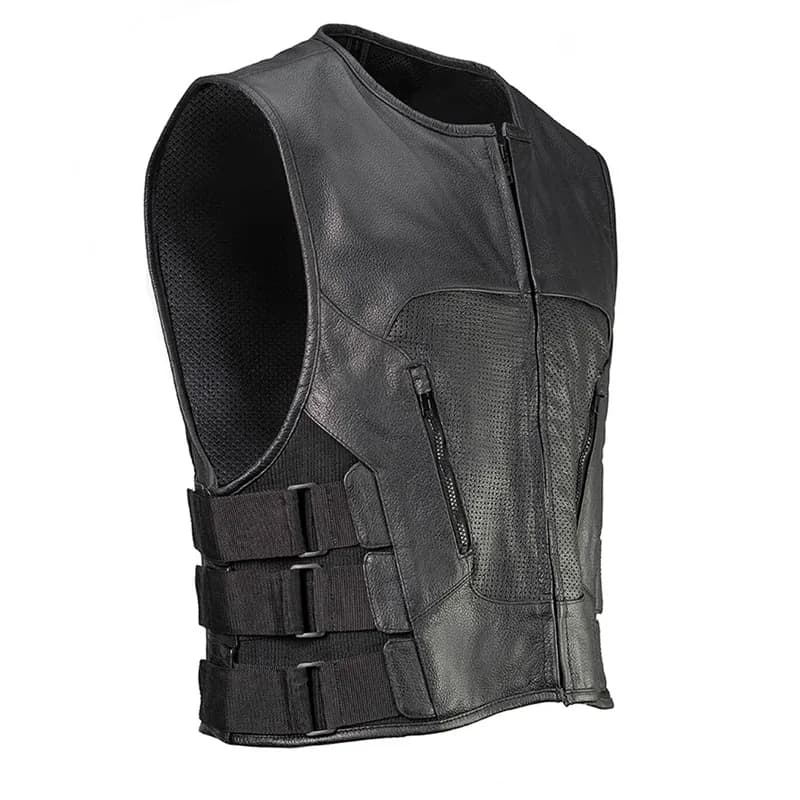 Men's Swat Style Black Leather Motorcycle Riders Vest w/ Adjustable Side Velcro — image 1 of 1