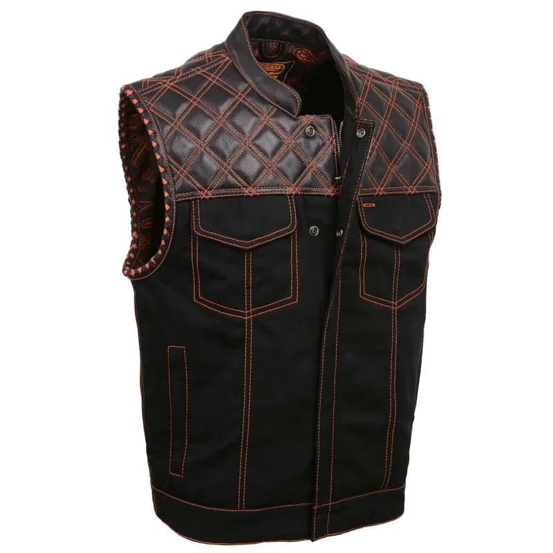 Men’s Wrecker Club Vest – Black Denim & Leather, Diamond Quilt, Orange Stitch — image 1 of 1