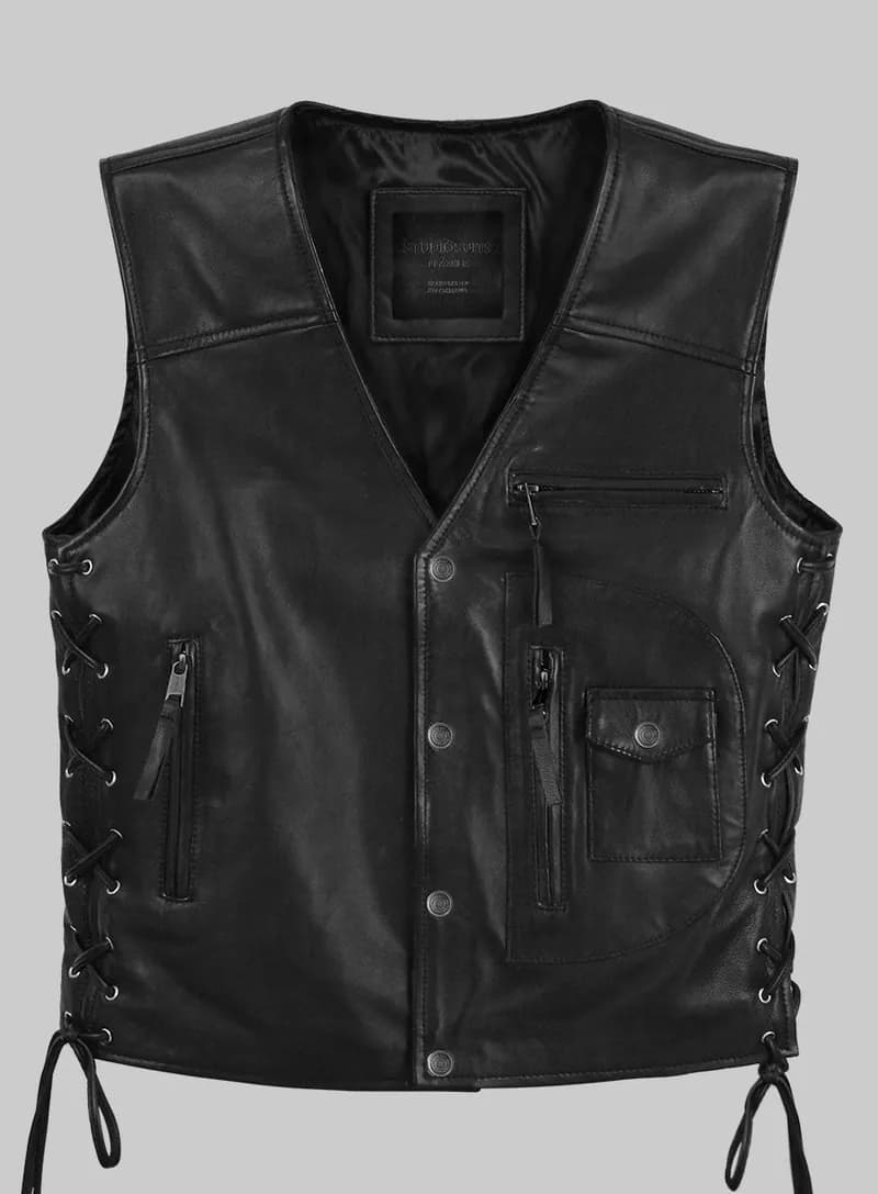 Men’s XS103T Tall Size Classic Black Side Laced Biker Leather Vest — image 1 of 1