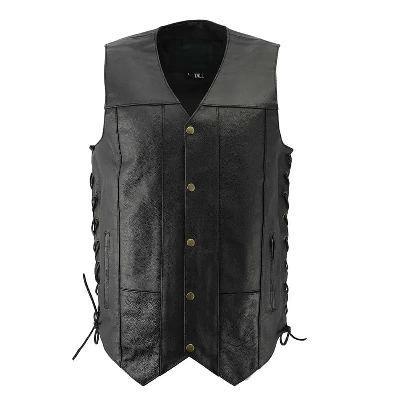 Men’s XS106T Tall Size 10-Pocket Classic Black Side Laced Biker Leather Vest — image 1 of 1