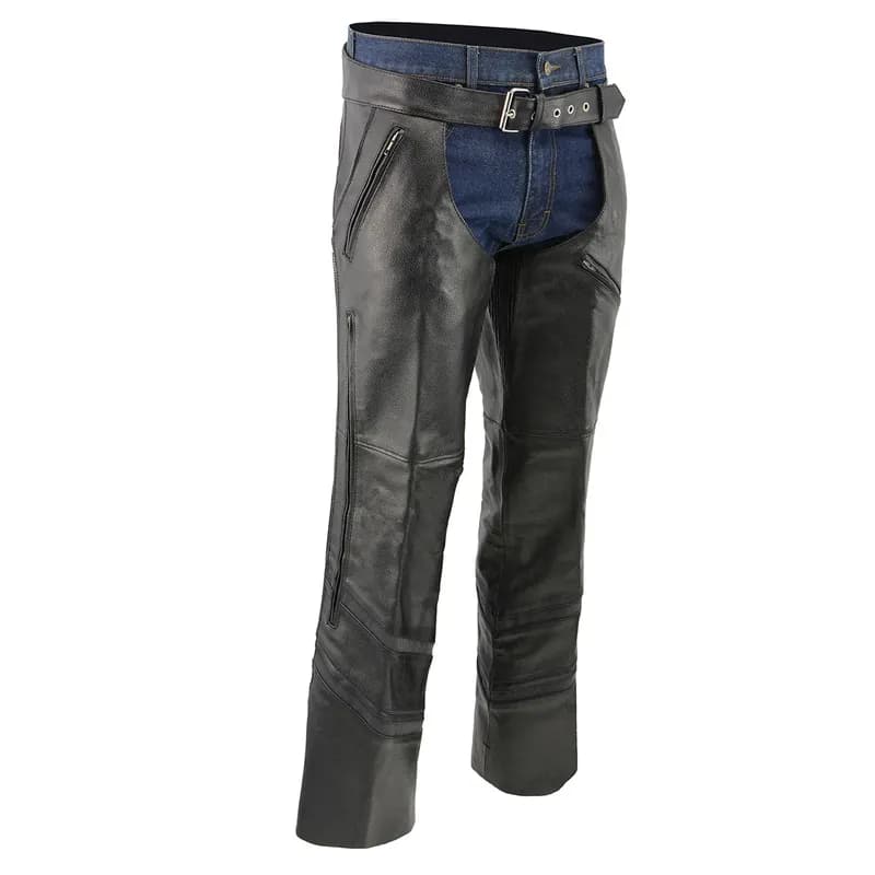 Men’s XS303 Black Jean Style Vented Leather Chaps with Reflective Material — image 1 of 1