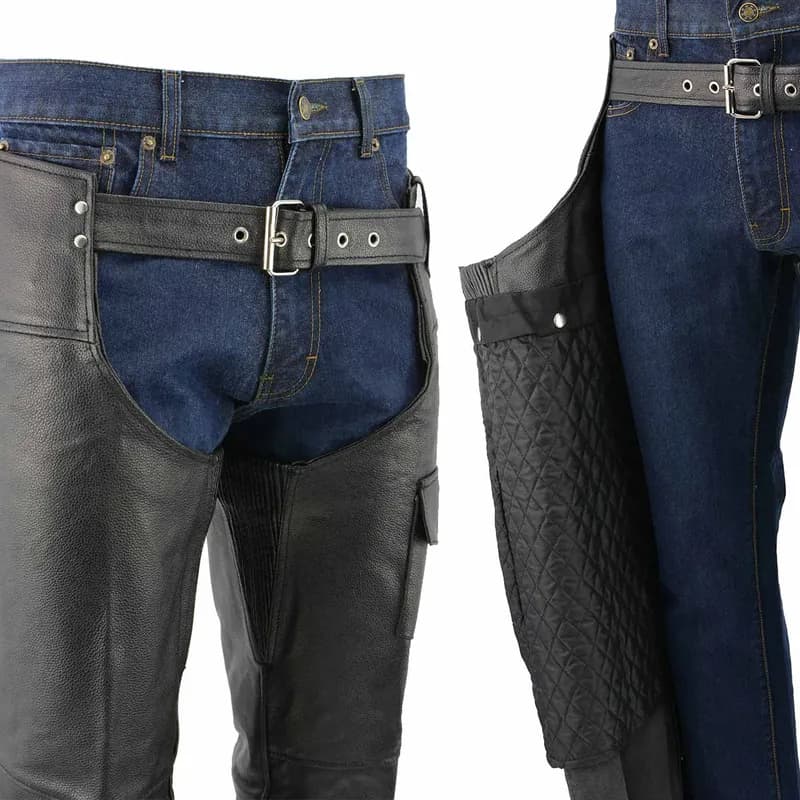 Men's XS405 Classic Black Thermal Lined Leather Motorcycle Chaps with Outside Flap Pocket — image 1 of 1