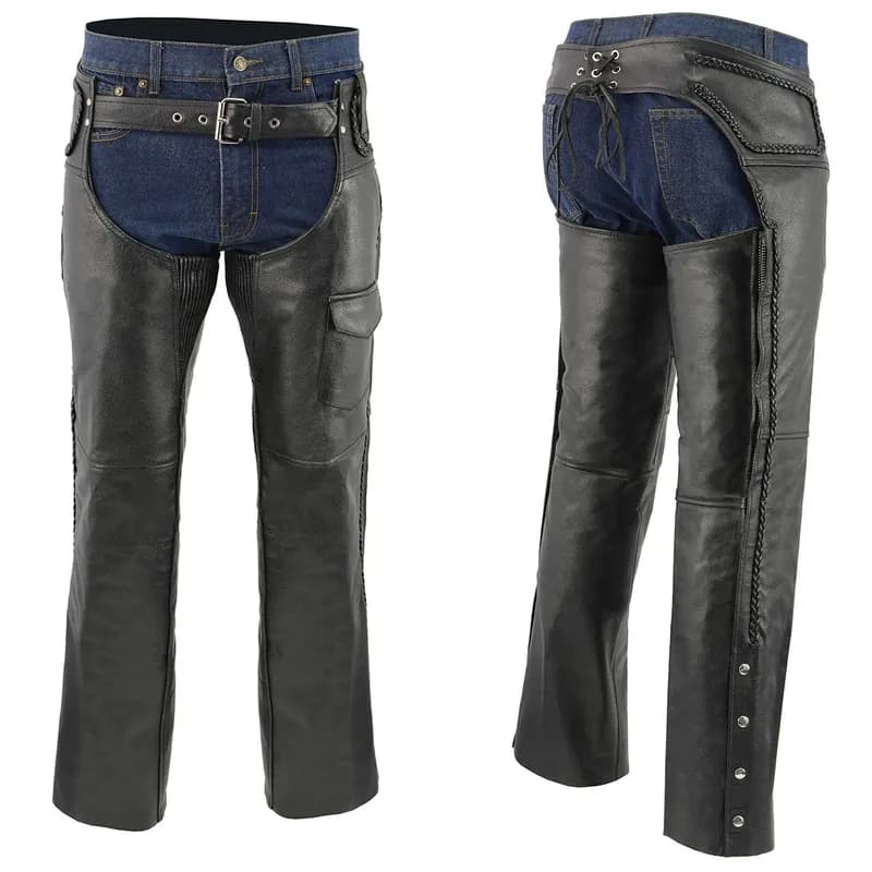 Men's XS406 Classic Black Braided Thermal Lined Leather Motorcycle Chaps with Outside Flap Pocket — image 1 of 1