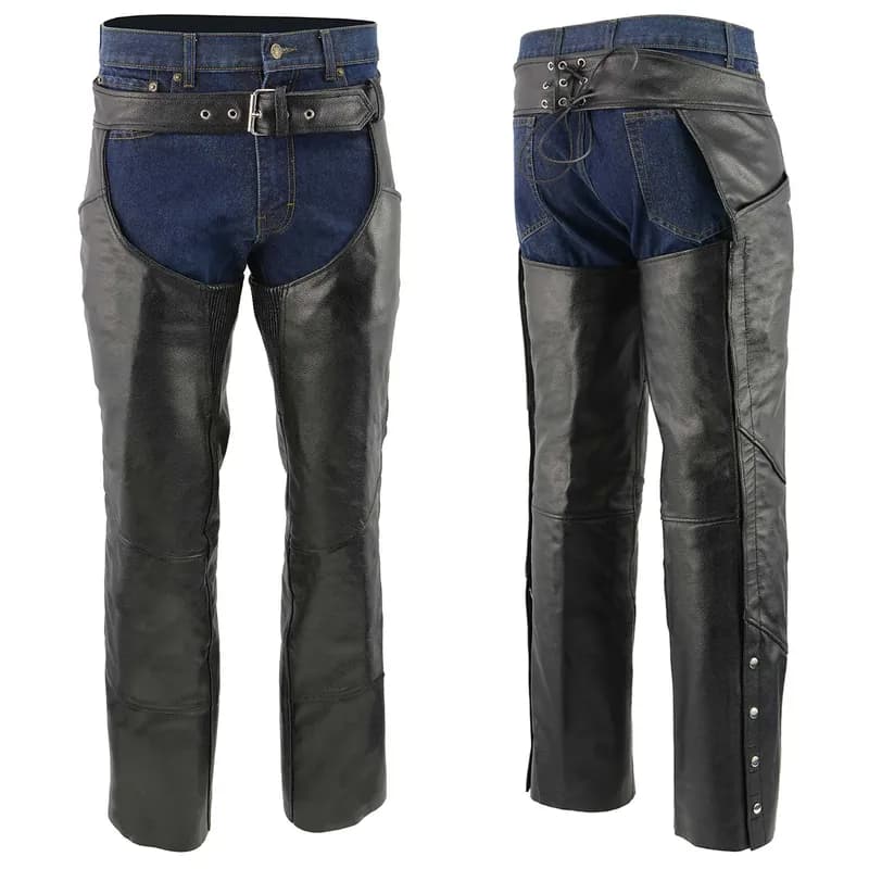 Men's XS432 Classic Black Thermal Lined Leather Motorcycle Chaps with Jean Style Pockets — image 1 of 1