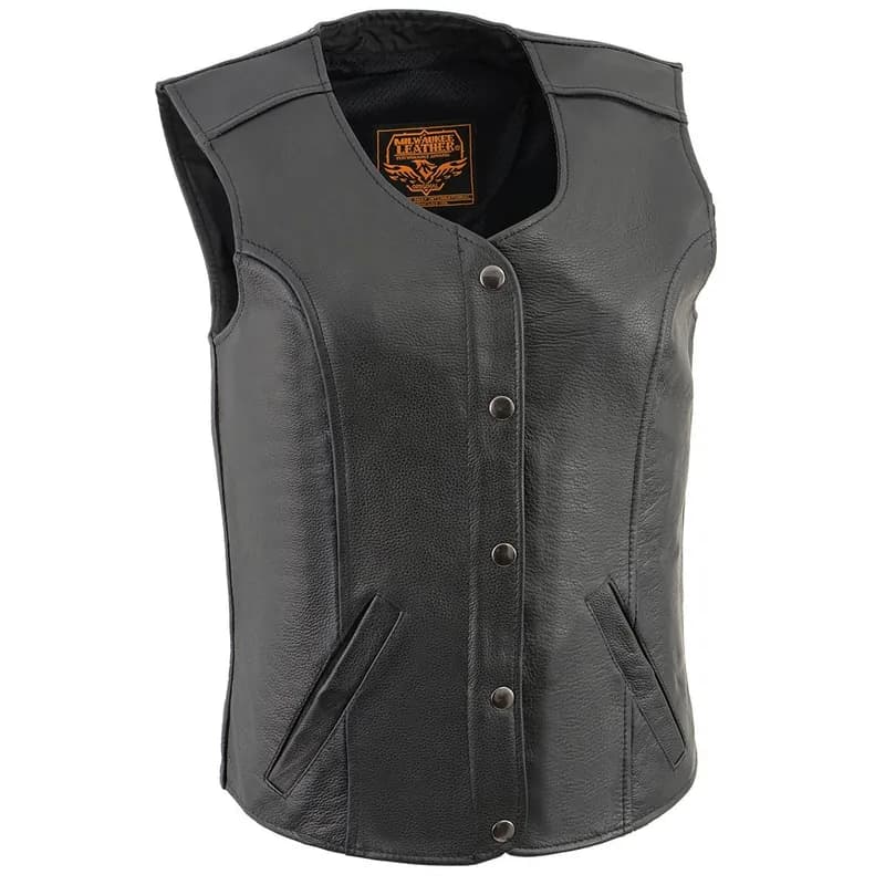 Milwaukee Leather LKL4701 Women's Black Premium Leather Motorcycle Rider Vest w/ Classic 4-Snap Closure — image 1 of 1