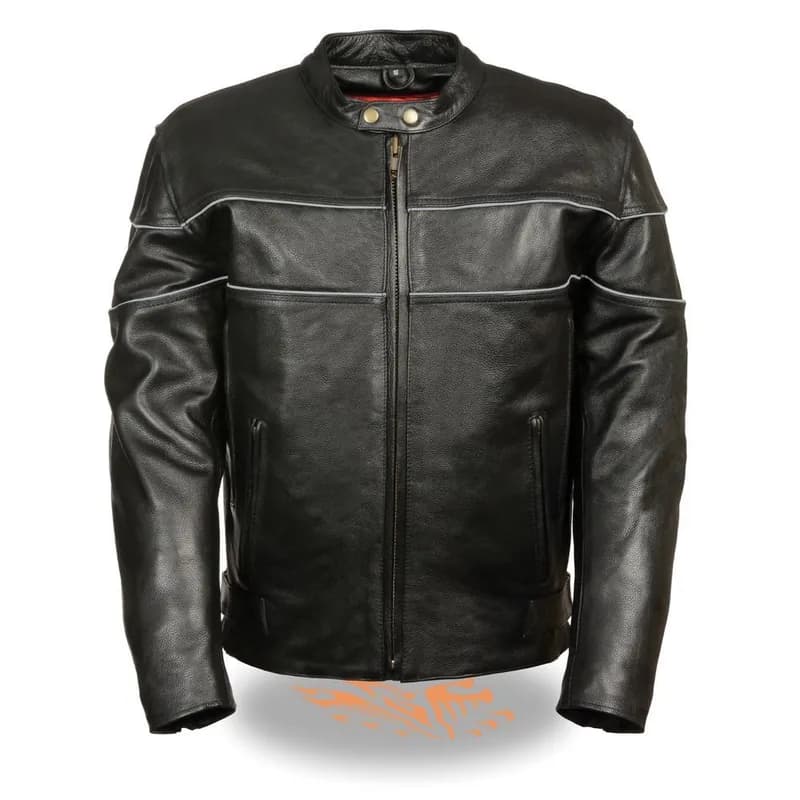 Milwaukee Leather LKM1785 Mens Black Leather Racer Style Motorcycle Jacket w/ Side Stretch and Reflective Piping — image 1 of 1