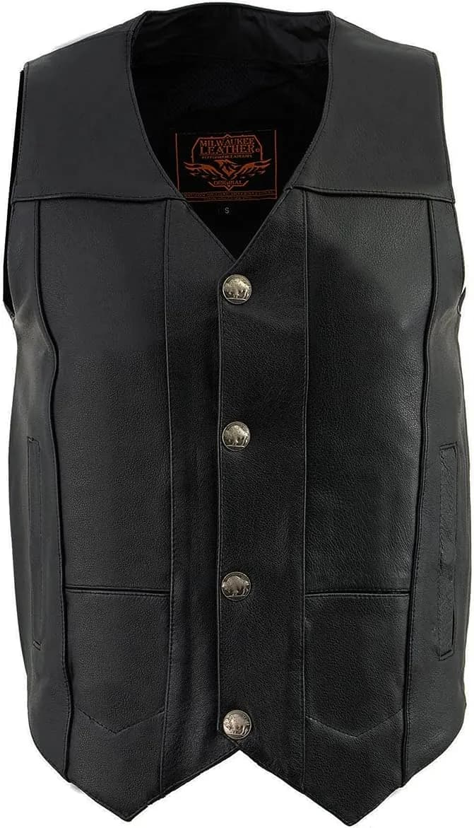 Milwaukee Leather LKM3702 Men's Saddle Leather Classic V-Neck Western Style Motorcycle Rider Vest w/ Buffalo Snaps — image 1 of 1