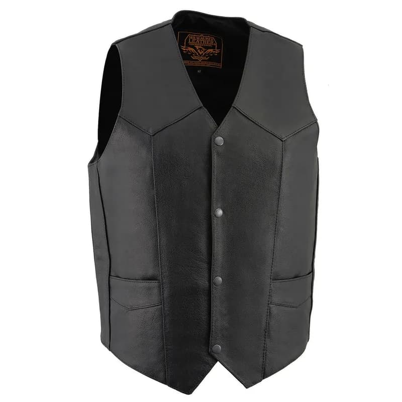 Milwaukee Leather LKM3730 Men's Black Leather Western Style V-Neck Motorcycle Rider Vest with Front Snap Closure — image 1 of 1