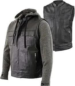 Milwaukee Leather LKM3785 Men's 2 in 1 Classic Black Premium Leather Motorcycle Hoodie Jacket w/ Convertible Vest — image 1 of 1