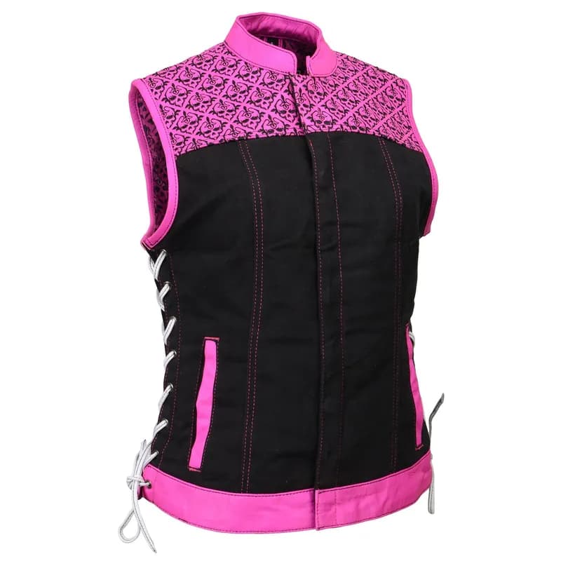 Milwaukee Leather MDL4051 Women's 'Skelly' Black with Pink Motorcycle Denim Vest w/ Skull Embroidery — image 1 of 1
