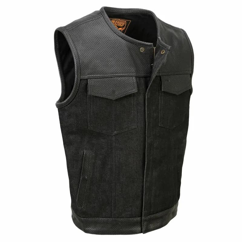 Milwaukee Leather MDM3008 Men's 'Brute' Black Perforated Leather and Denim Club Style Vest w/ Hidden Dual Closure — image 1 of 1