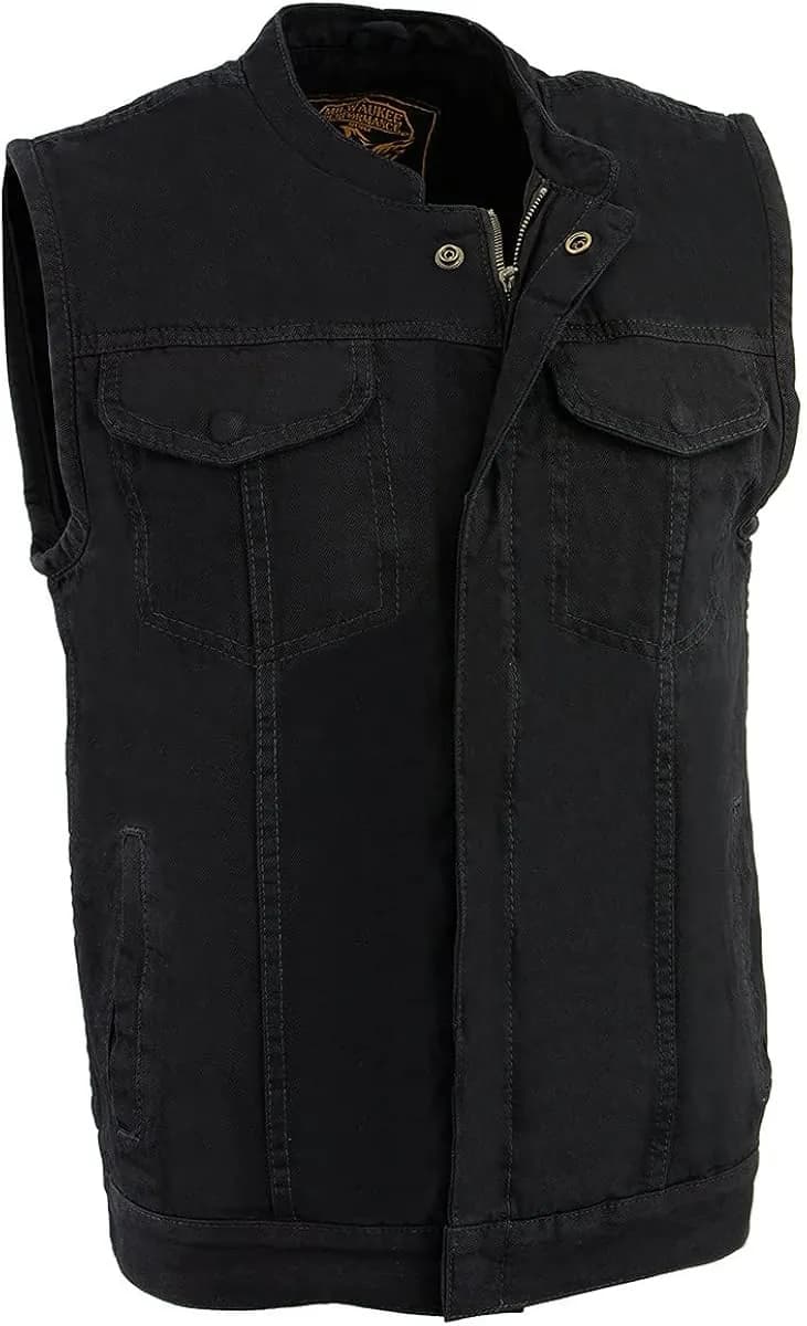 Milwaukee Leather MDM3013 Men's 'Brute' Concealed Snap Black Denim V-Neck Side Lace Club Style Vest w/Hidden Zipper — image 1 of 1