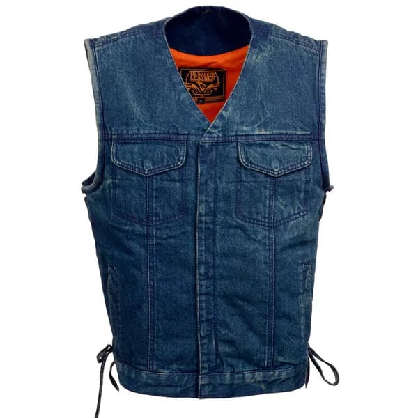Milwaukee Leather MDM3013 Men's 'Brute' Concealed Snap Blue Denim V-Neck Side Lace Club Style Vest w/Hidden Zipper — image 1 of 1