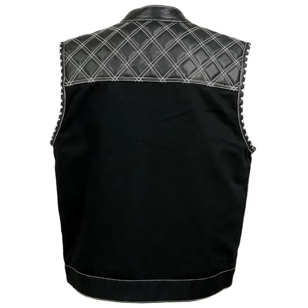 Milwaukee Leather MDM3035 Men’s Wrecker Club Vest – Black Denim & Leather, Diamond Quilt, White Stitch — image 1 of 1