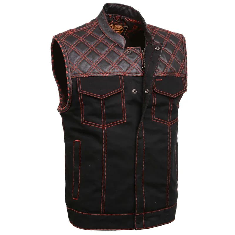 Milwaukee Leather MDM3036 Men’s Wrecker Club Vest – Black Denim & Leather, Diamond Quilt, Red Stitch — image 1 of 1